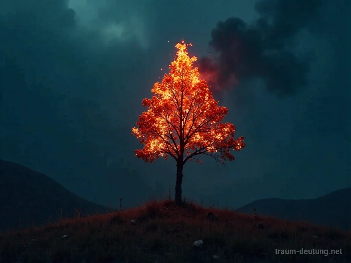Ein einzelner Ast steht in Flammen in einer dunklen, unwirklichen Landschaft.