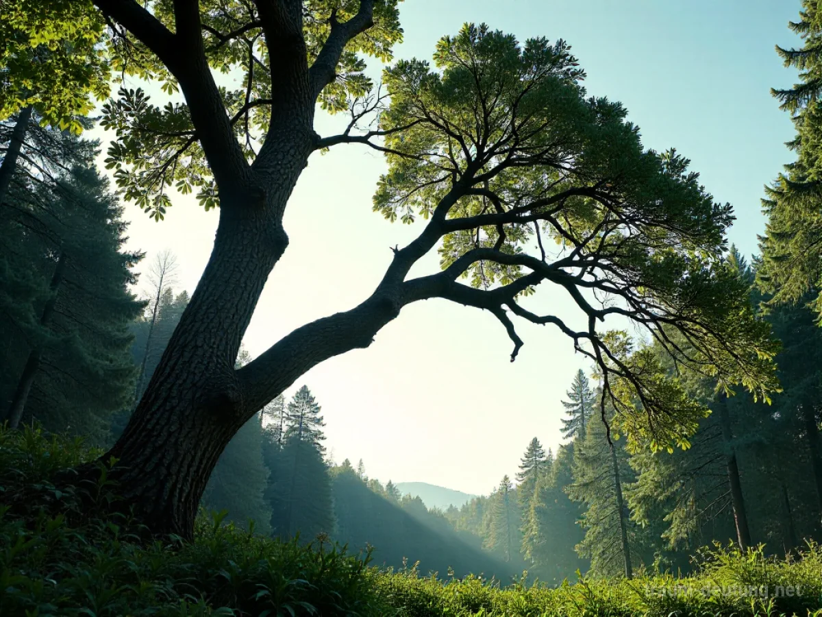 Ein Ast bricht von einem Baum ab und fällt nach unten.