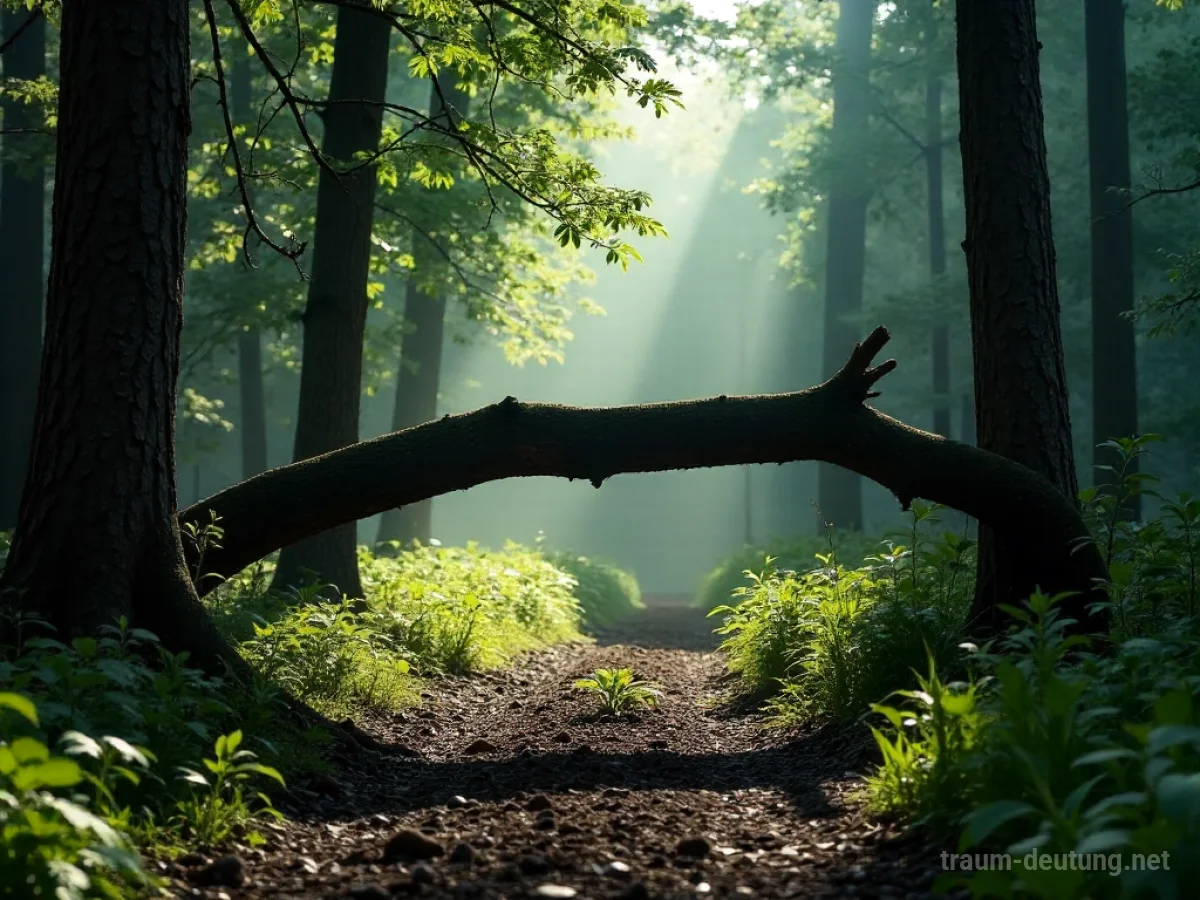 Dicker Ast liegt quer über einem Waldweg und blockiert die Sicht nach vorne.