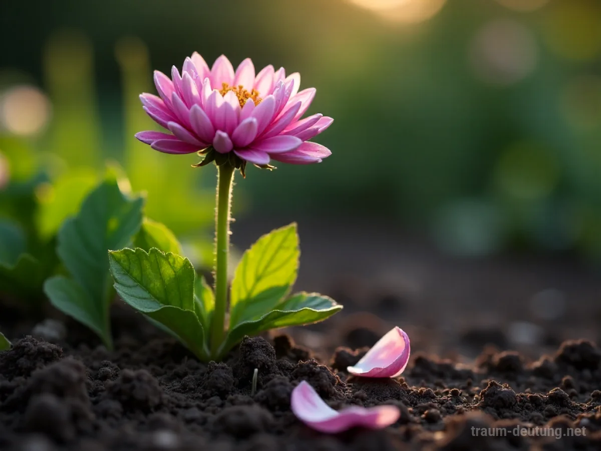 Verwelkte Asternblumen mit fallenden Blütenblättern auf trockenem Boden