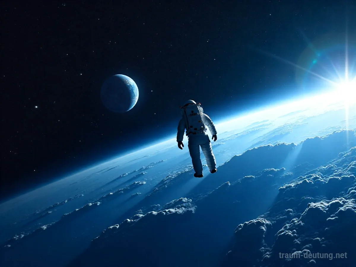 Ein Astronaut schwebt im Weltall und blickt in die Ferne, die Erde ist klein sichtbar.