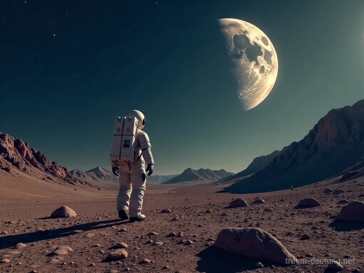 Astronaut geht auf fremdem Planeten, die Erde leuchtet am Himmel