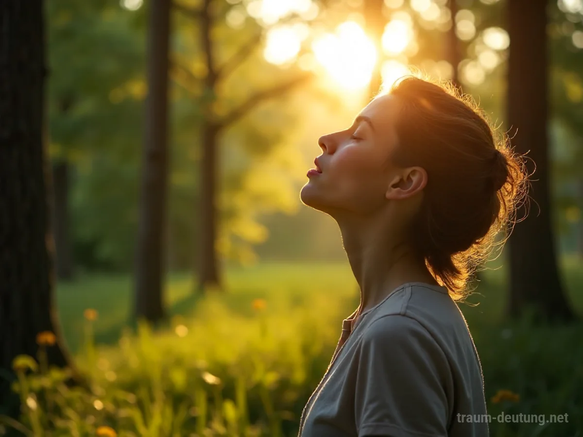 Person atmet tief durch in einer sonnigen Waldlichtung