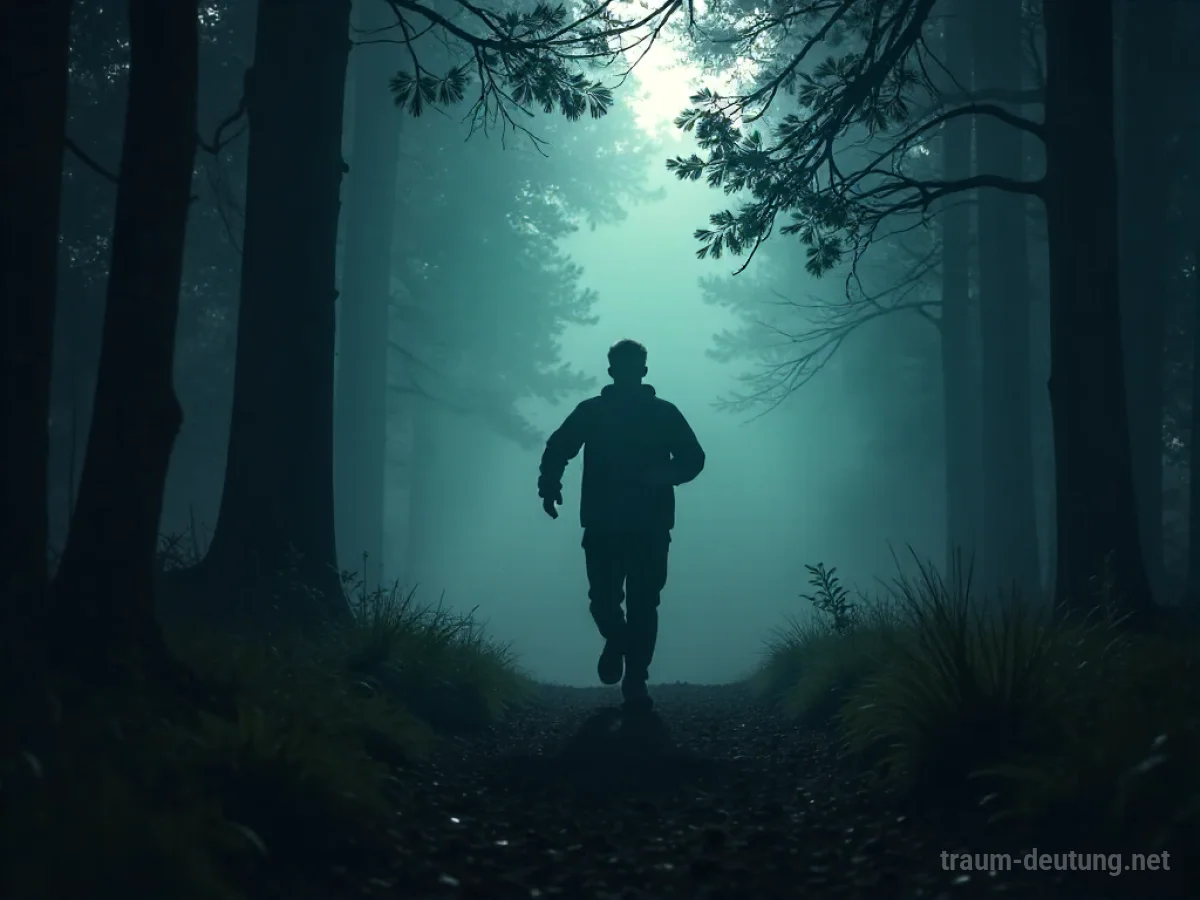 Eine Silhouette flieht atemlos durch einen dunklen Wald.