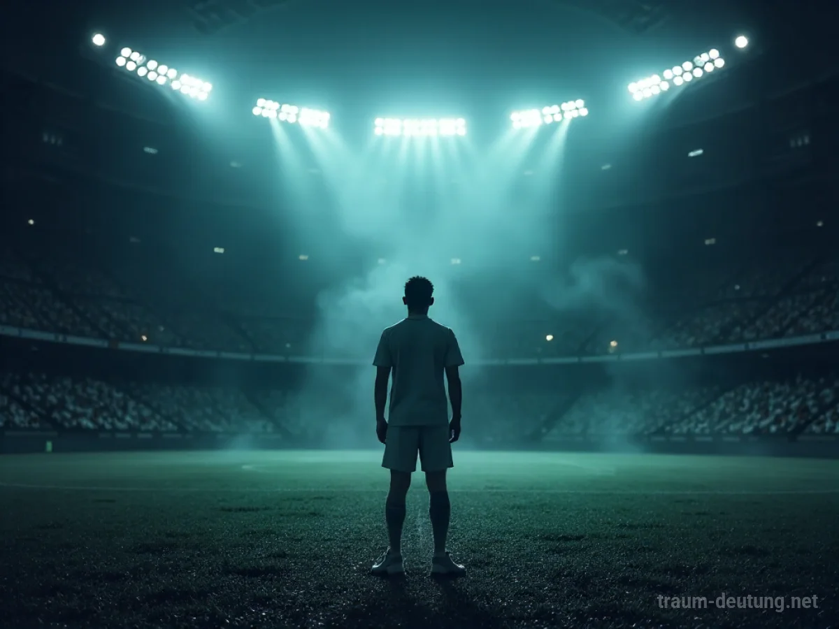 Ein enttäuschter Athlet steht allein im Scheinwerferlicht eines dunklen Stadions.