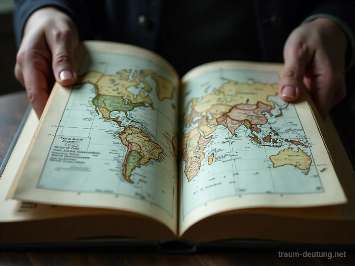 Hände blättern in einem offenen Atlas mit detaillierten Karten.