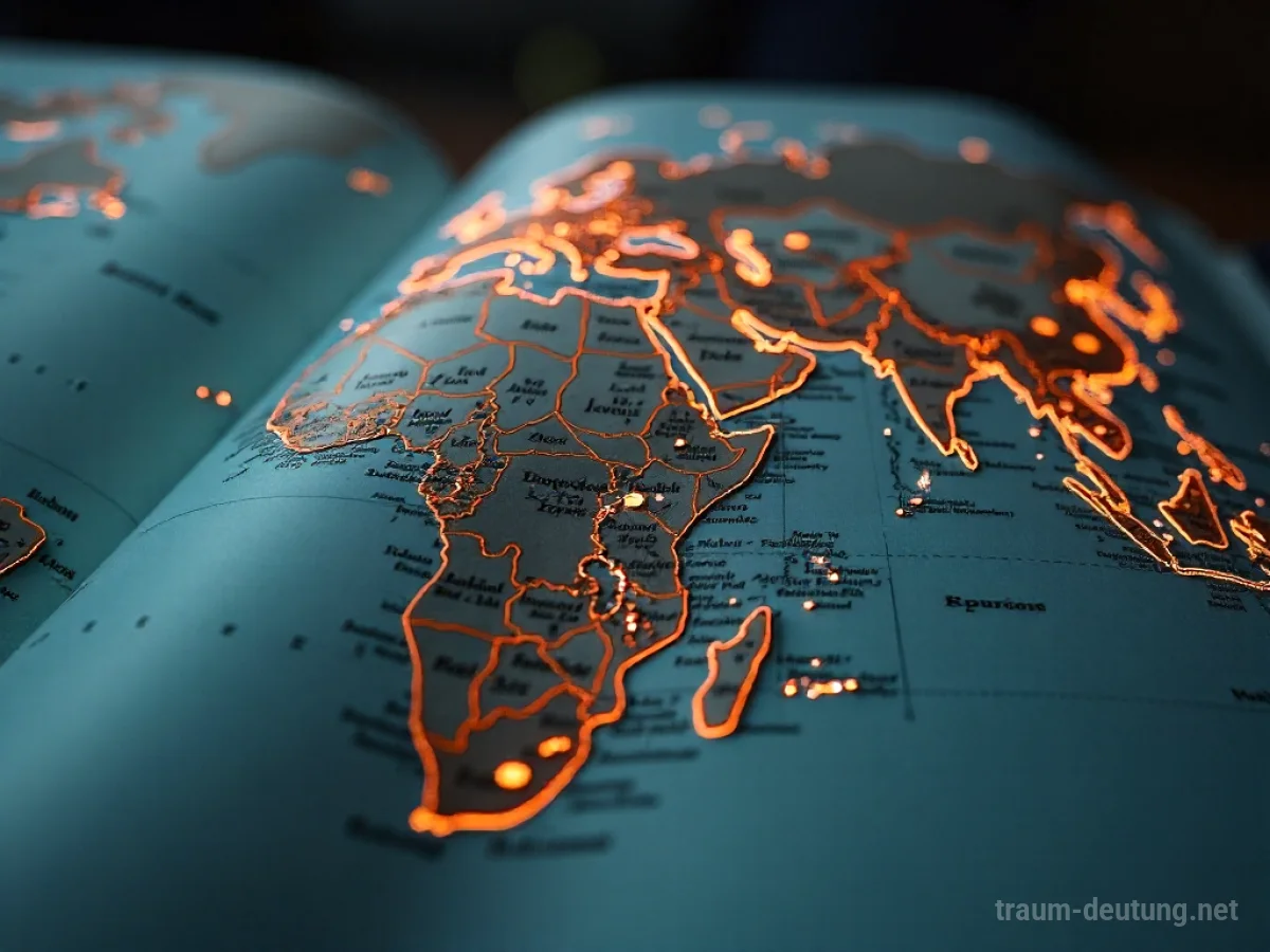 Ein geöffneter Atlas mit leuchtenden Linien über den Karten, symbolisch für Wissen.
