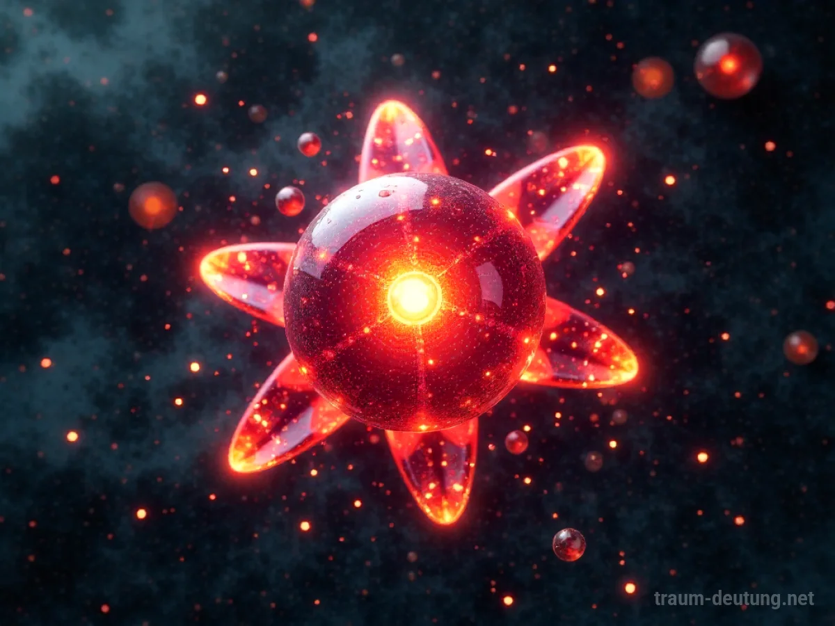 Symbolische Darstellung von sich spaltenden Atomen mit strahlenden Partikeln