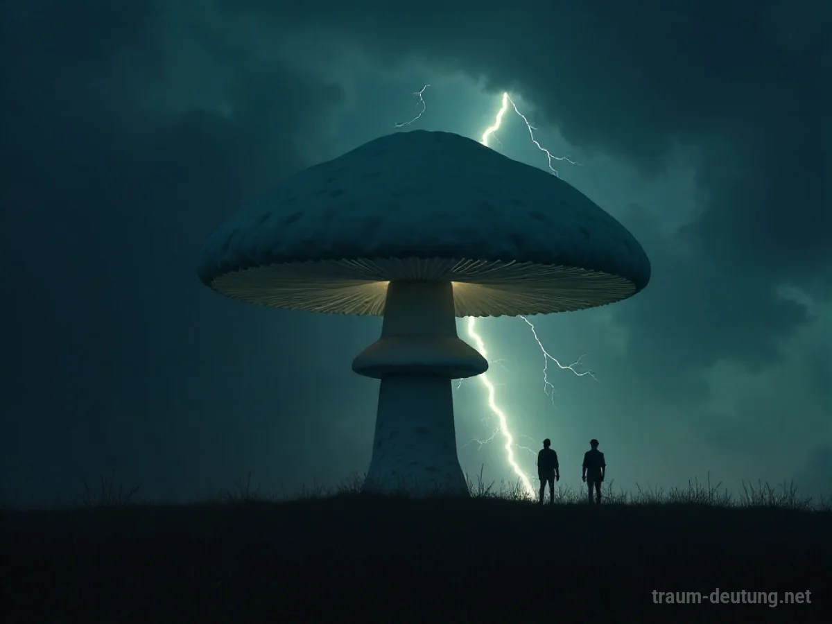 Eine stilisierte Darstellung einer Pilzwolke über einer dunklen Landschaft.