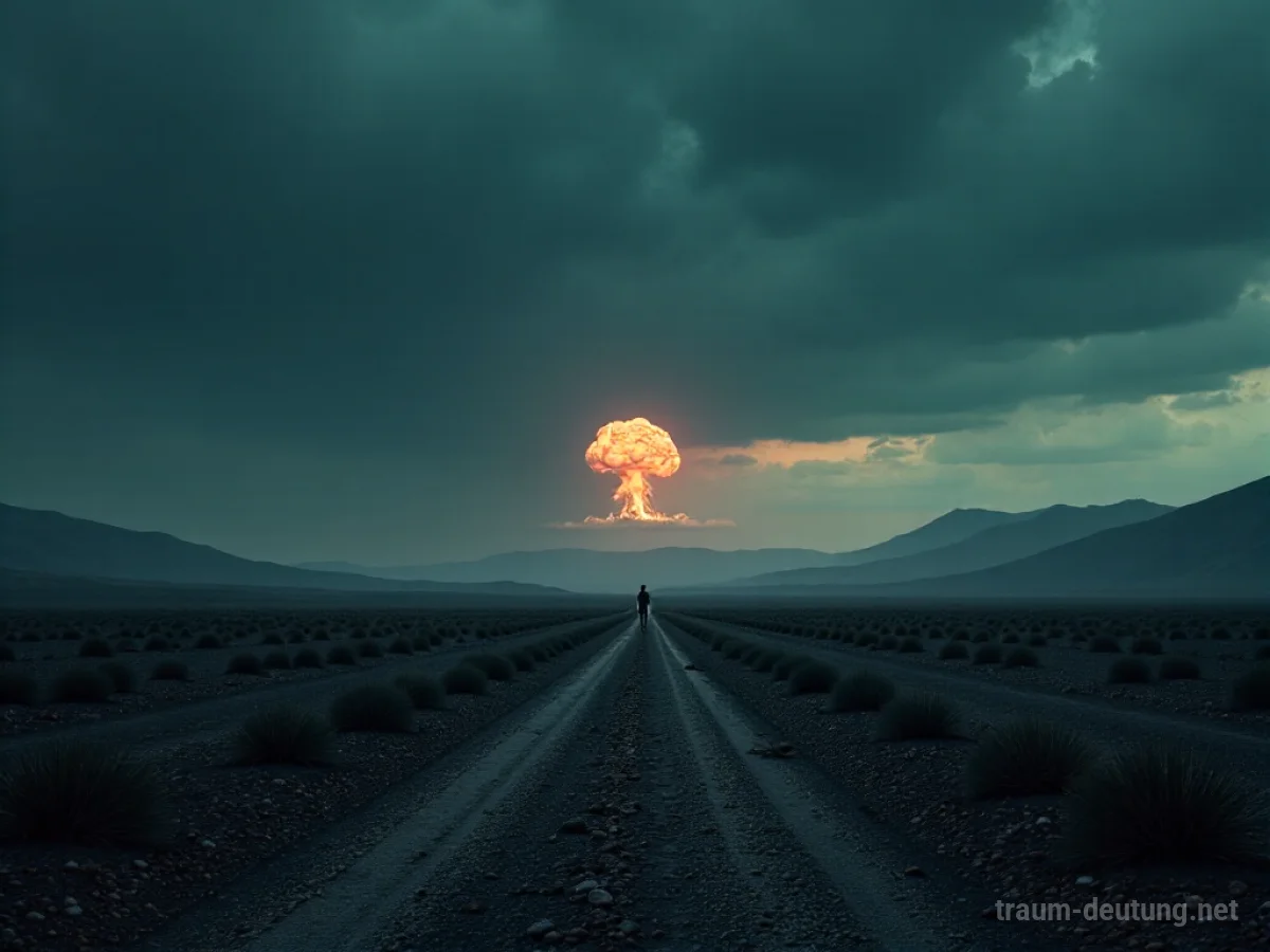 Eine weite, zerstörte Landschaft unter einem bedrohlichen Himmel, mit einer fernen Silhouette einer Pilzwolke.