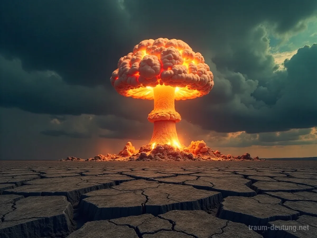 Symbolischer Atompilz über zerstörter Landschaft