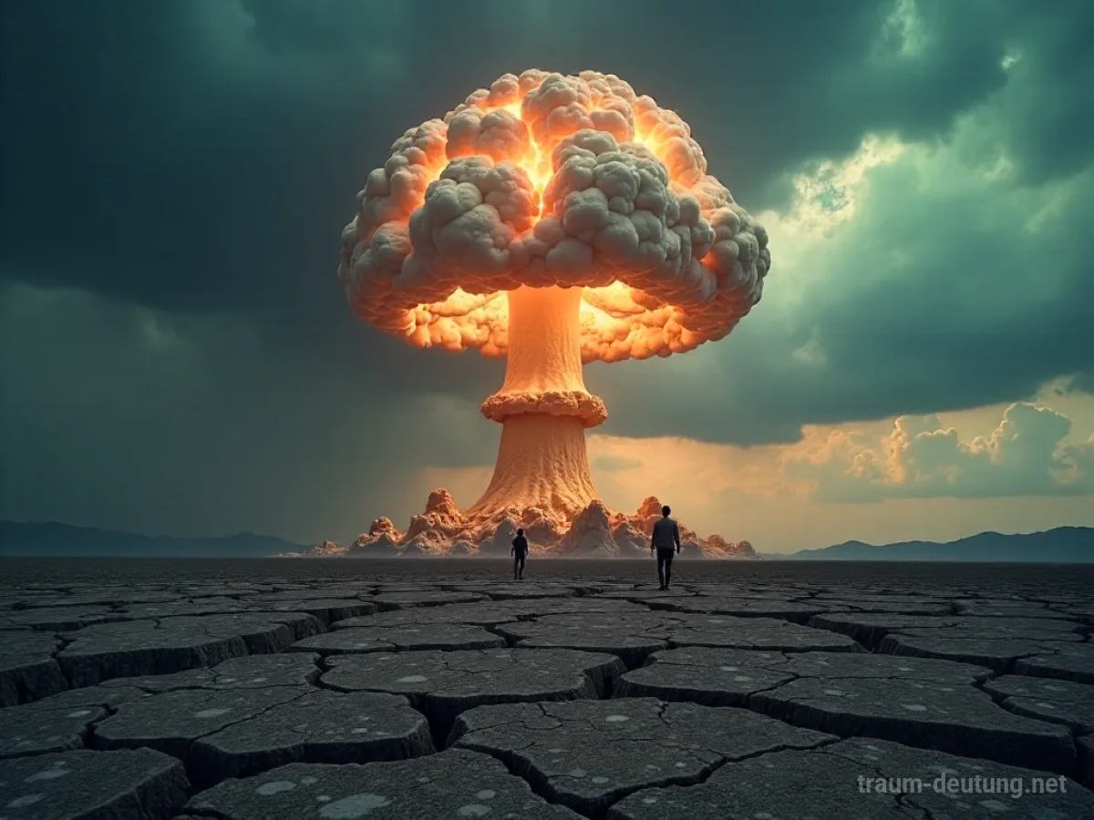 Ein Atomkrieg droht über einer zerstörten Landschaft, mit einer Pilzwolke am Himmel.