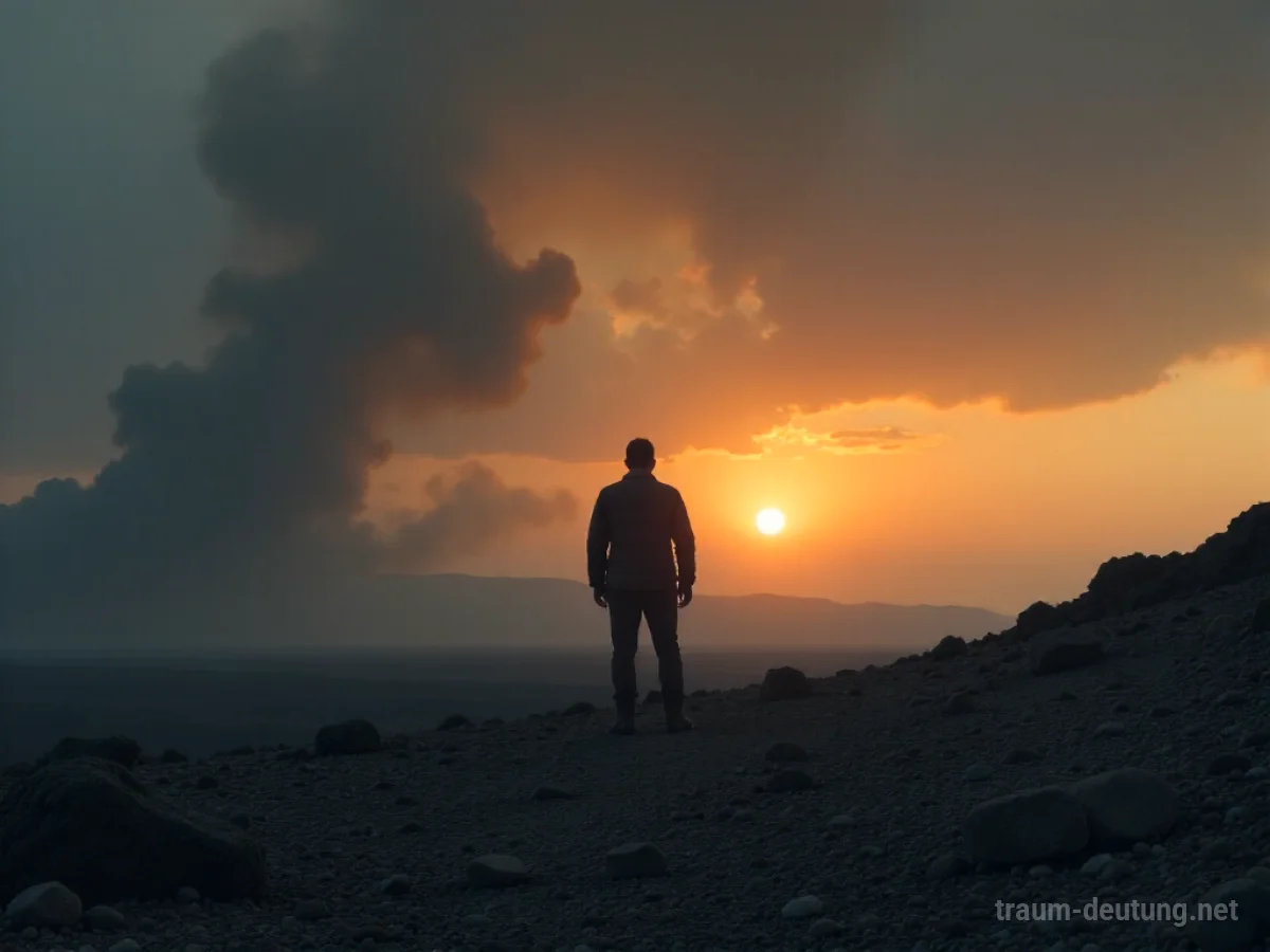 Eine einzelne Silhouette steht in einer zerstörten Landschaft mit Hoffnungsschimmer am Horizont.