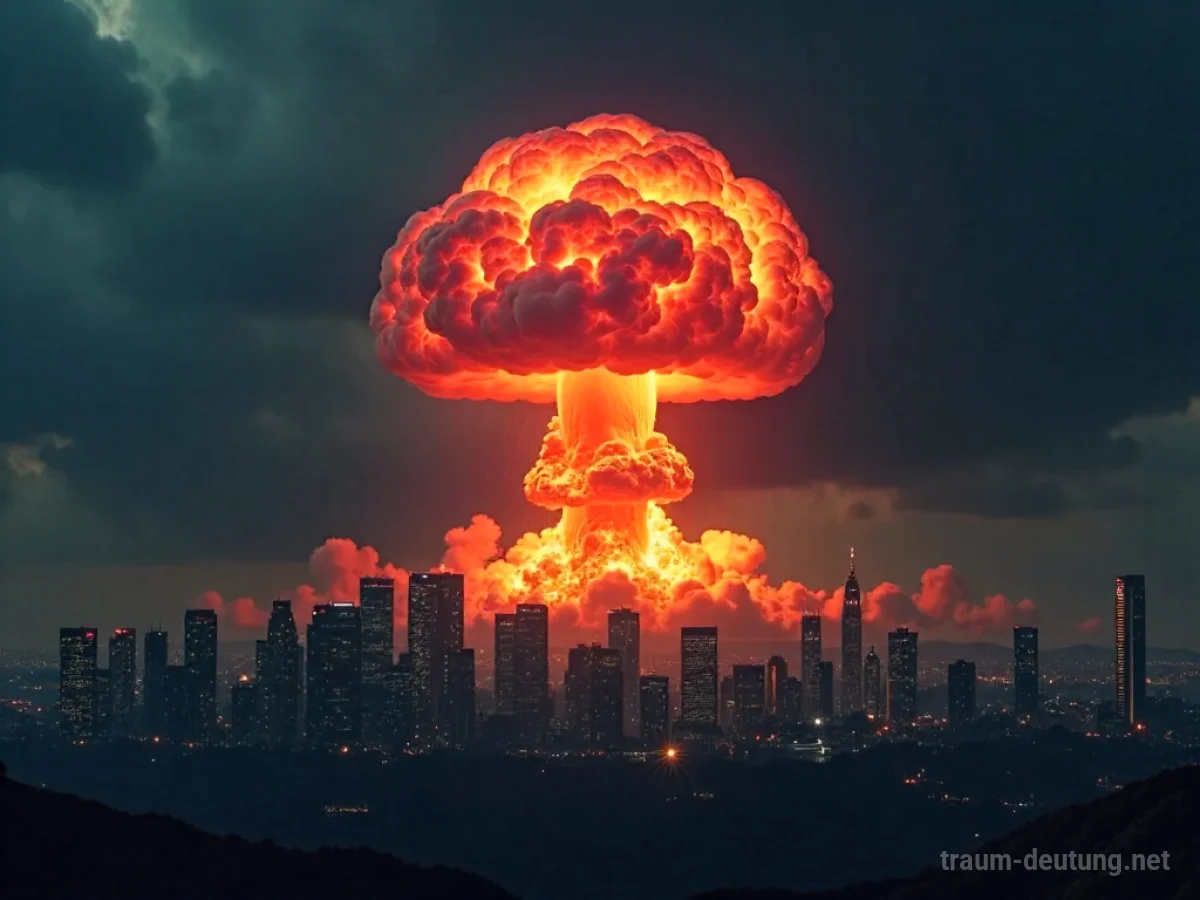 Ein Atompilz steigt über einer Stadt auf, der Himmel ist düster.