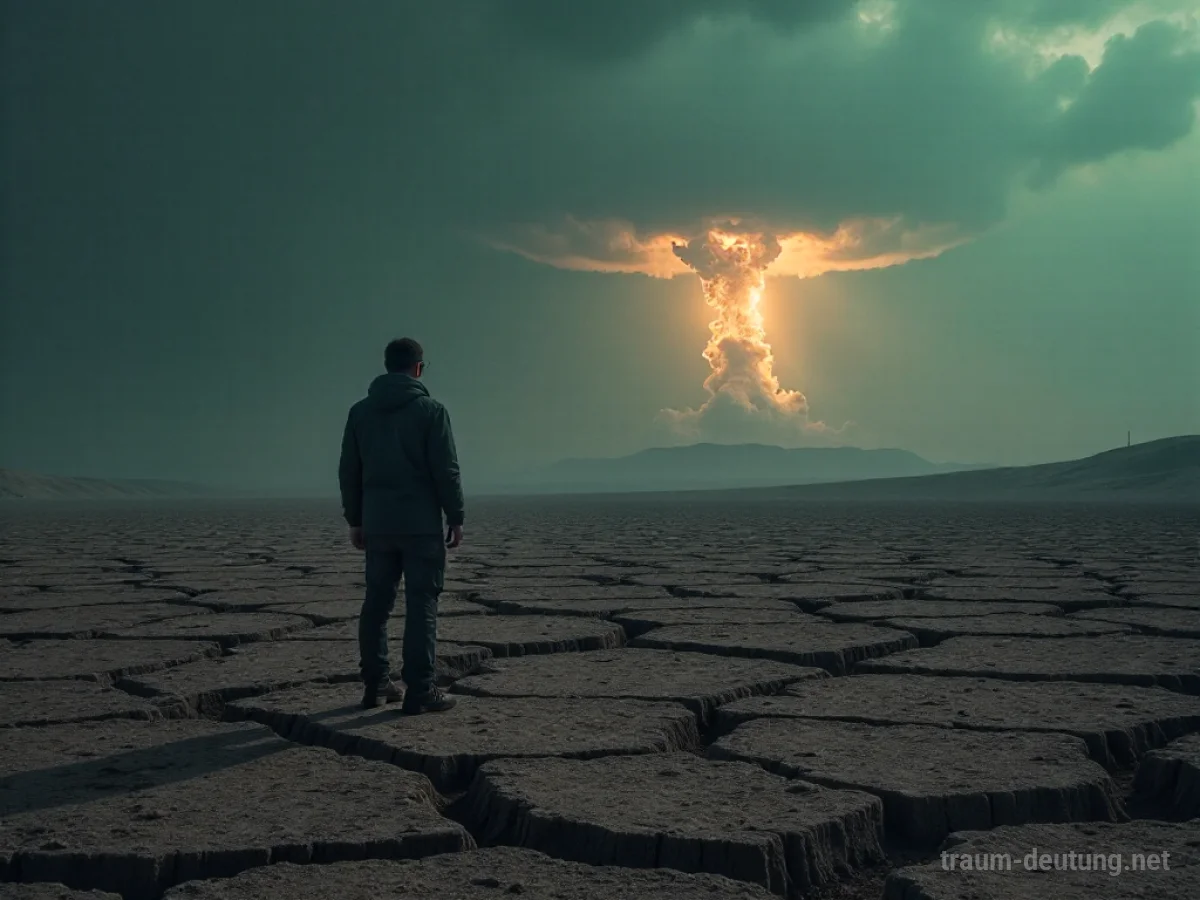 Eine einzelne Person steht auf einer zerstörten Landschaft und blickt auf eine ferne Atompilzwolke am Himmel.