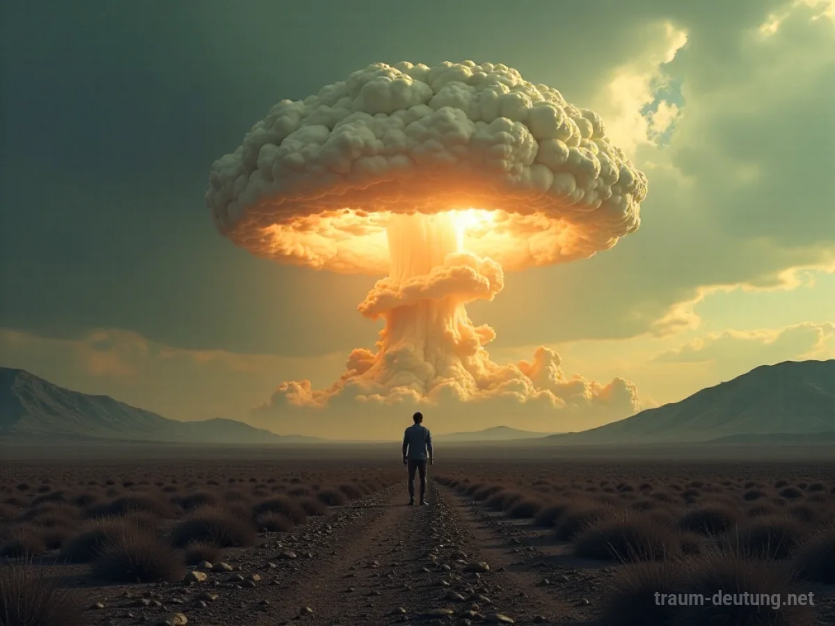 Atompilz steigt über einer verlassenen Landschaft auf, eine kleine Figur steht davor.