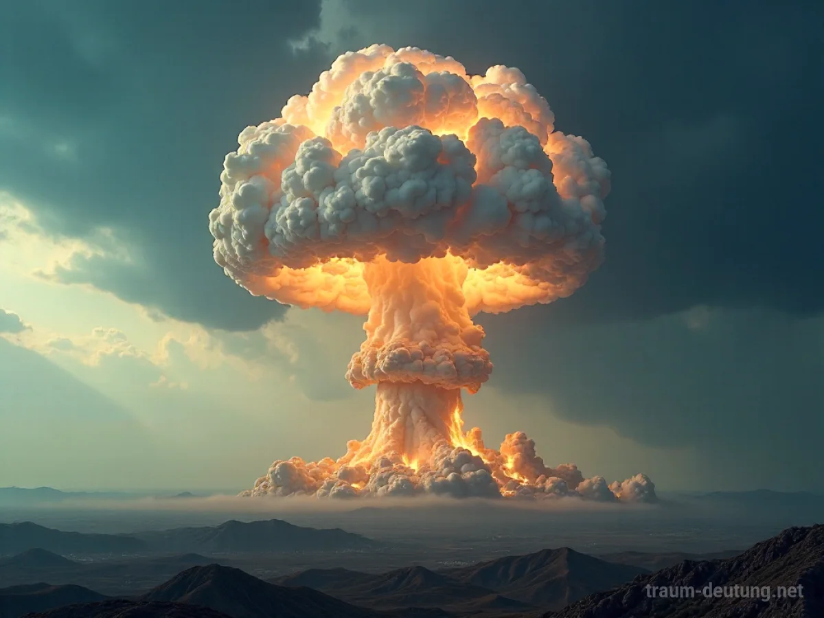 Ein riesiger Atompilz wächst in den Himmel, umgeben von Wolken und Schatten.