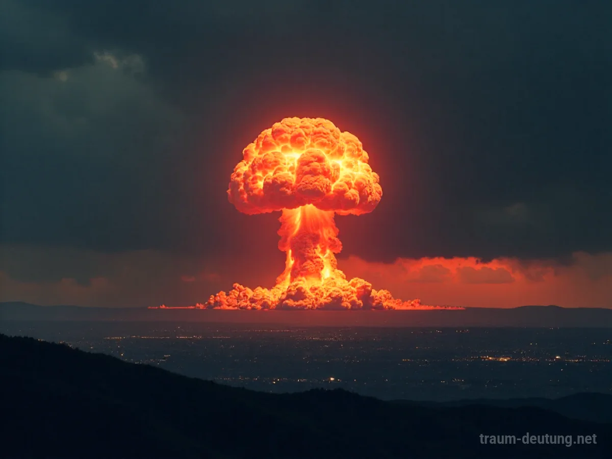 Eine atomare Explosion am Horizont über einer Stadt im Schatten.
