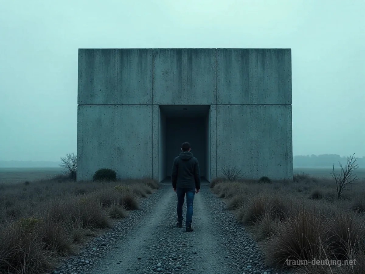 Person sucht Atomschutzbunker in trostloser Landschaft