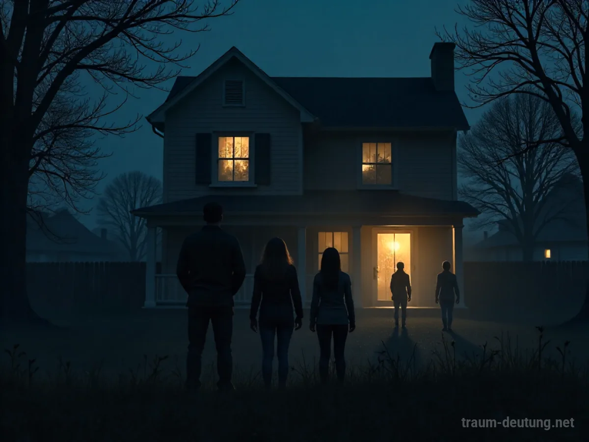 Familie steht schützend vor einem Haus, dunkle Schatten nähern sich