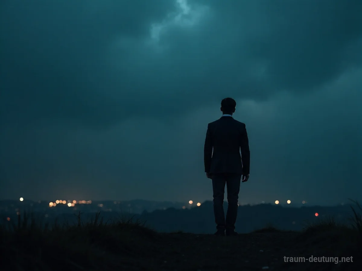 Silhouette einer Person, die einer anderen im Schatten auflauert, vor dunklem Himmel.