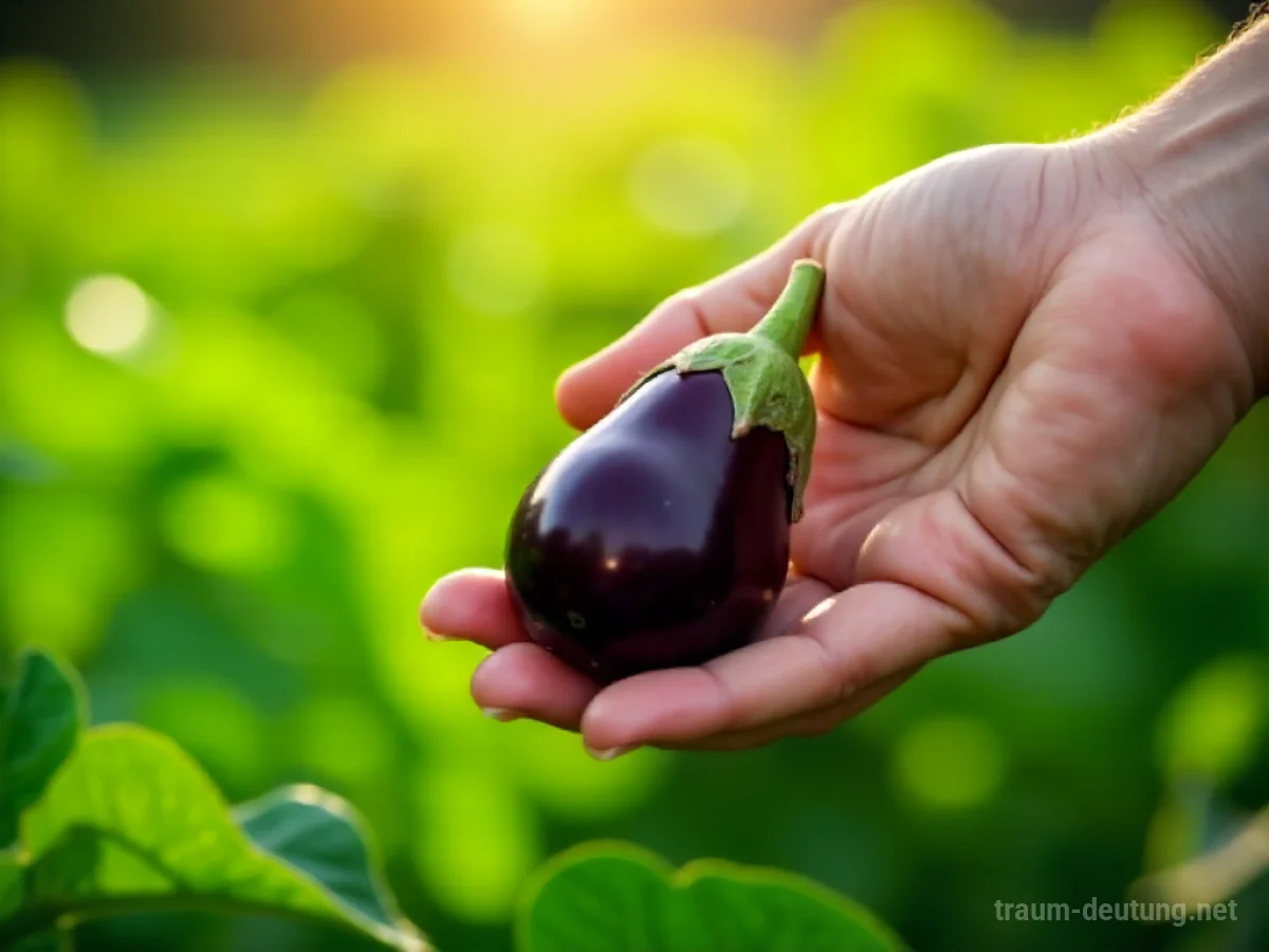 Hand erntet reife Aubergine von Pflanze im Garten