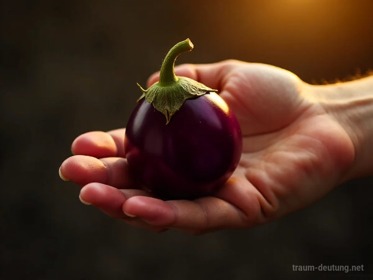 Eine Aubergine wird von einer Hand in eine andere übergeben.