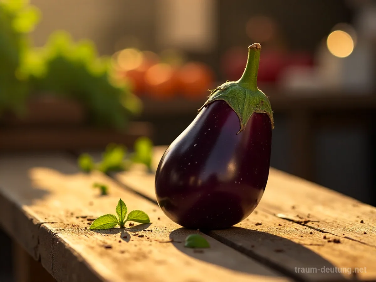 Eine Aubergine liegt auf einem Holztisch im Sonnenlicht.