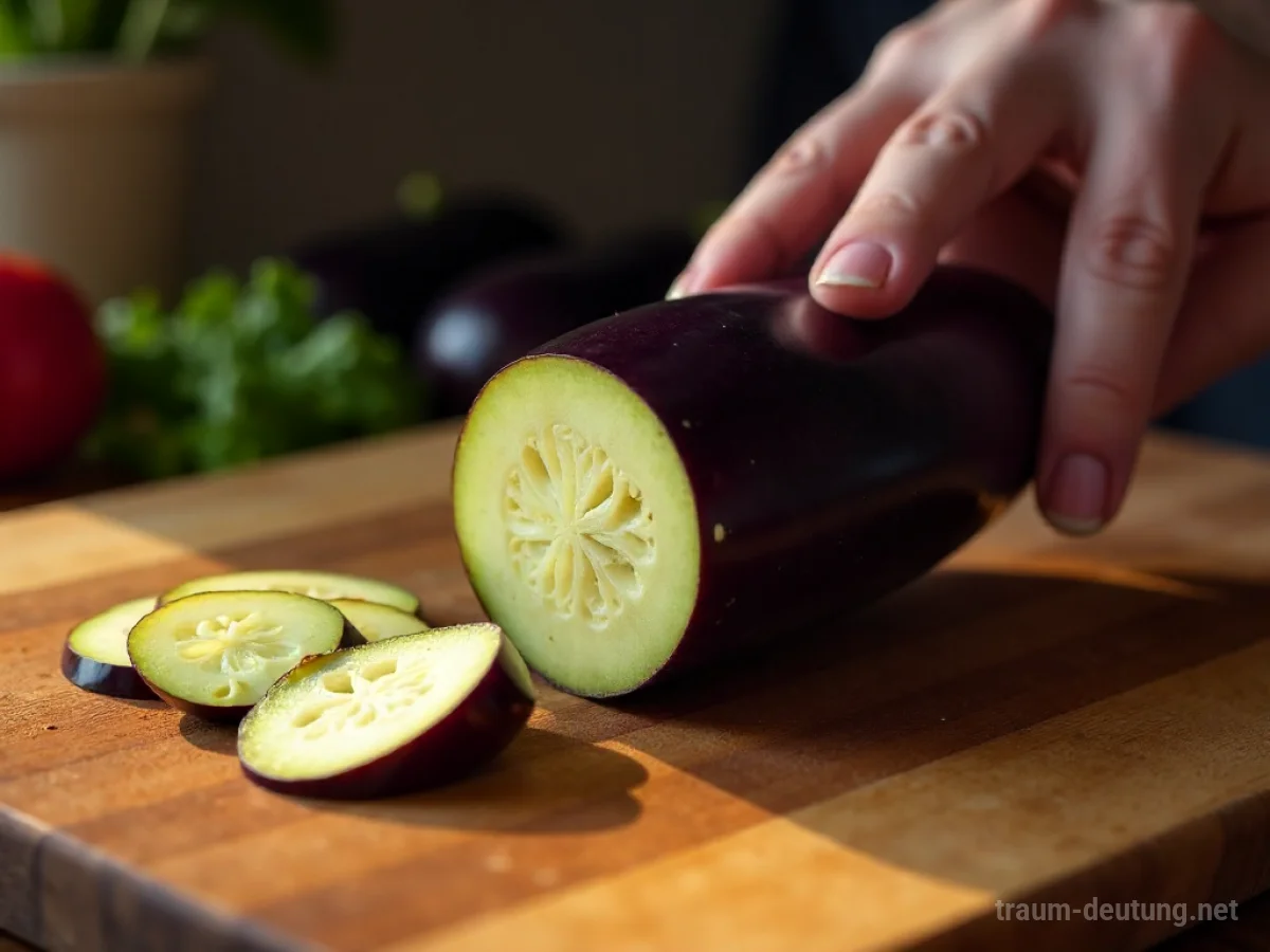 Eine Aubergine wird auf einem Holzhackbrett in Scheiben geschnitten.