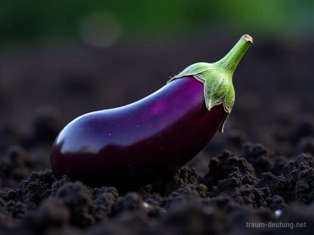 Eine glänzende, lila Aubergine liegt auf dunkler Erde.