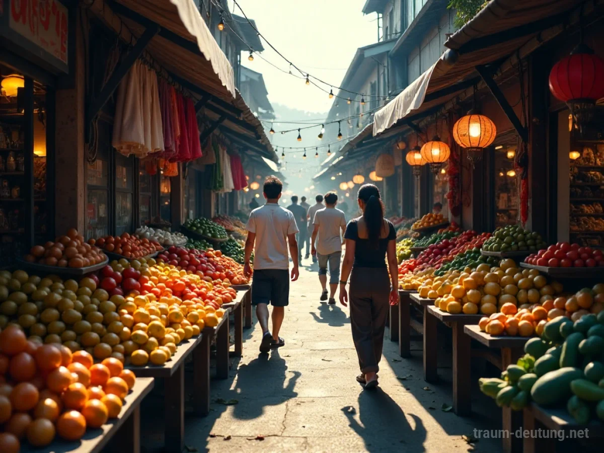 Ein belebter asiatischer Markt mit vielen Menschen und bunten Ständen.