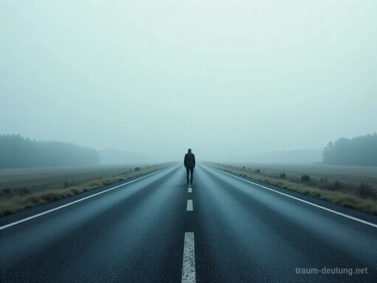 Eine einsame Person steht auf einer weiten Autobahn im Nebel.