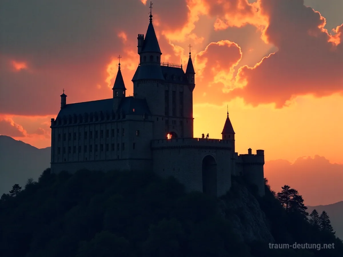 Ein mittelalterliches Schloss ragt vor einem dramatischen Sonnenuntergangshimmel auf, mit einer einzelnen Figur auf der Zinnenmauer.