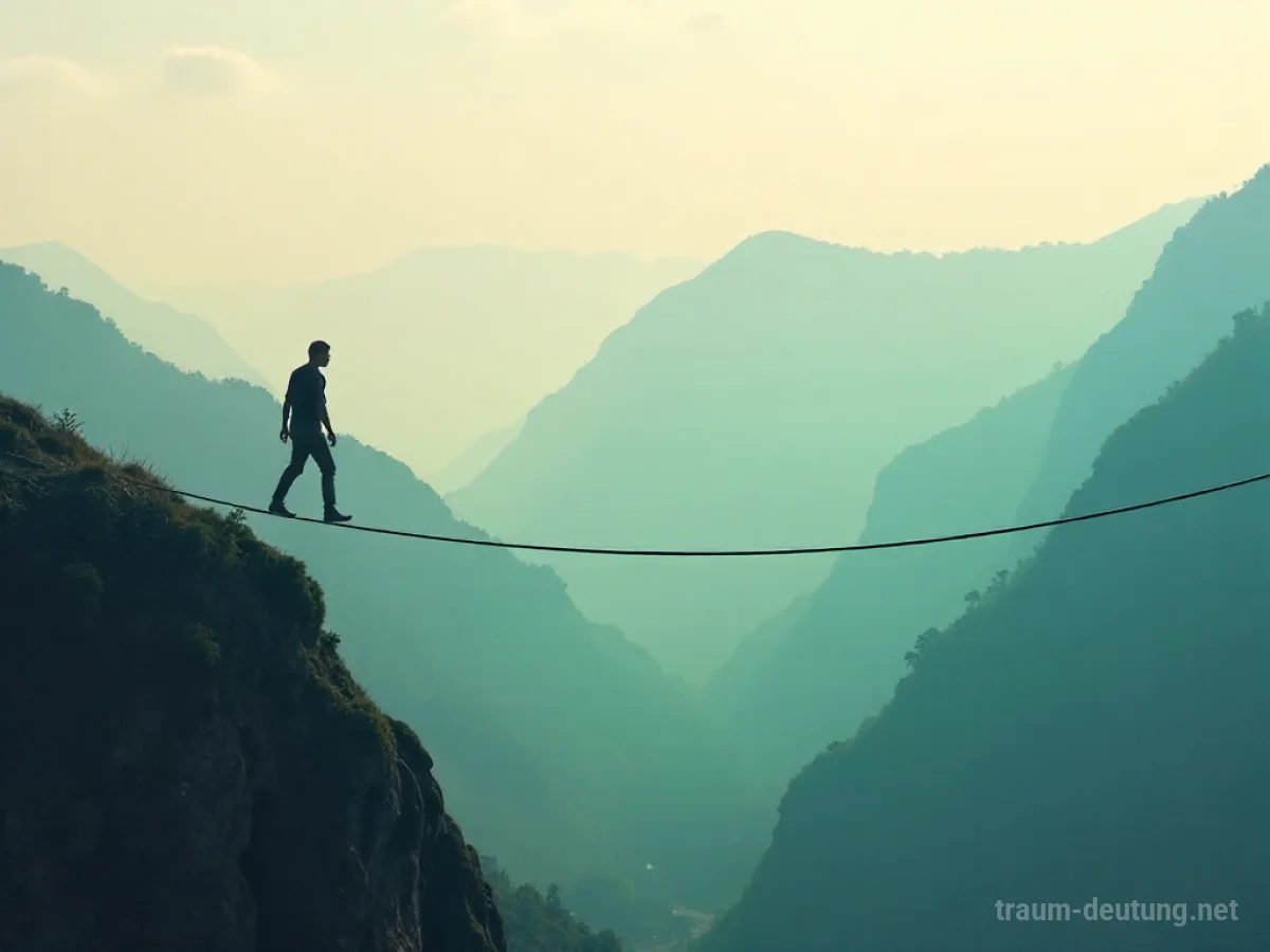 Person balanciert auf einem Hochseil über einer nebligen Landschaft.