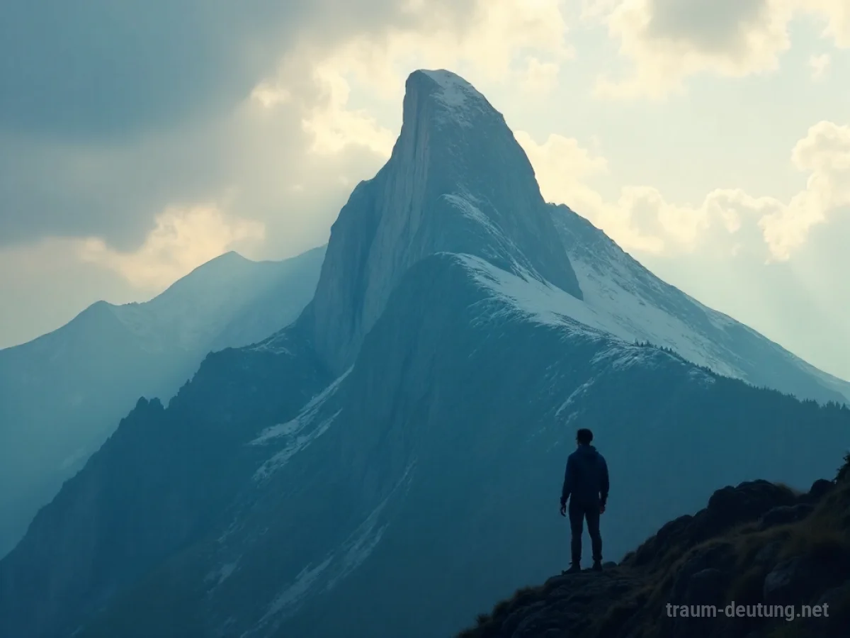 Silhouette einer Person, die auf eine unerreichbare Bergspitze blickt