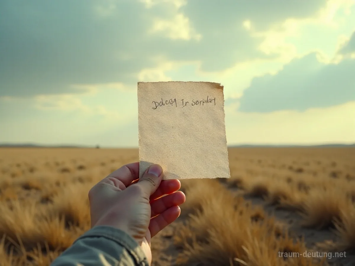 Ein Blatt Papier mit geschriebenem Text weht von einer Hand weg in einer leeren Landschaft.