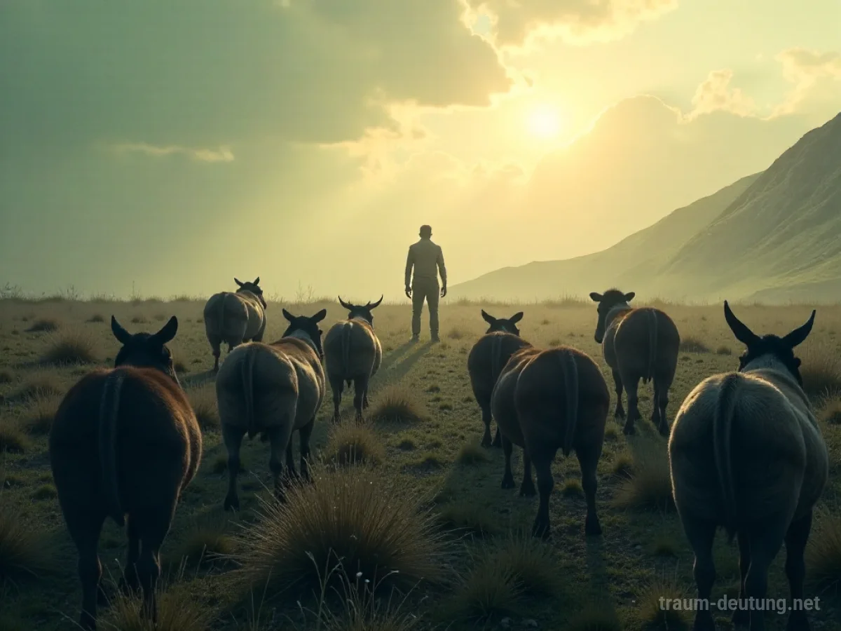 Tiere versammeln sich entschlossen in einer surrealen Landschaft, blicken auf eine Schattenfigur