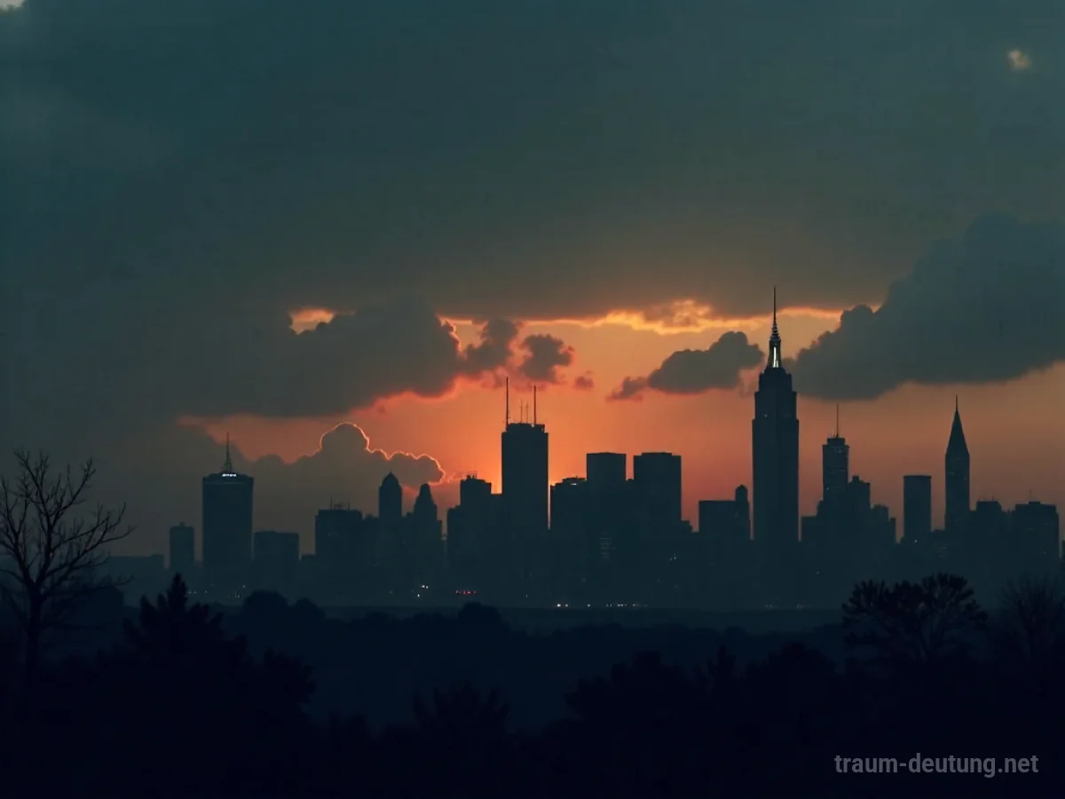Silhouette einer Stadtlandschaft bei Dämmerung mit abstrakten Formen, die Unruhe andeuten.