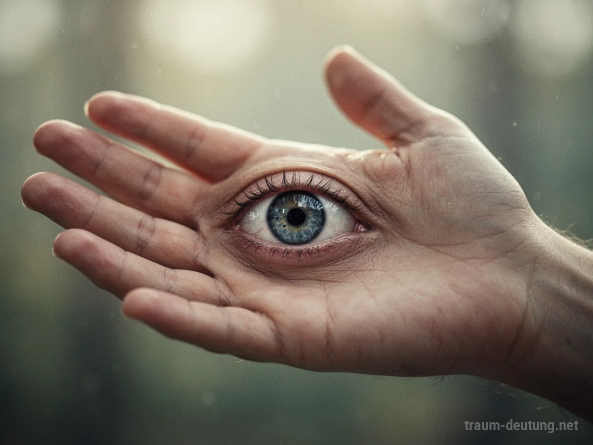 Ein menschliches Auge wächst aus der Handfläche, als Symbol für innere Wahrnehmung.