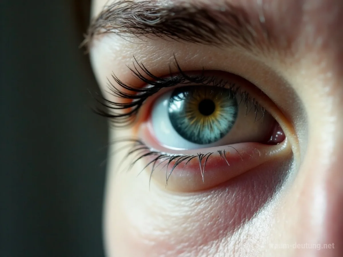 Ein menschliches Auge, dessen Augenlid mit schwarzem Faden zugenäht ist.