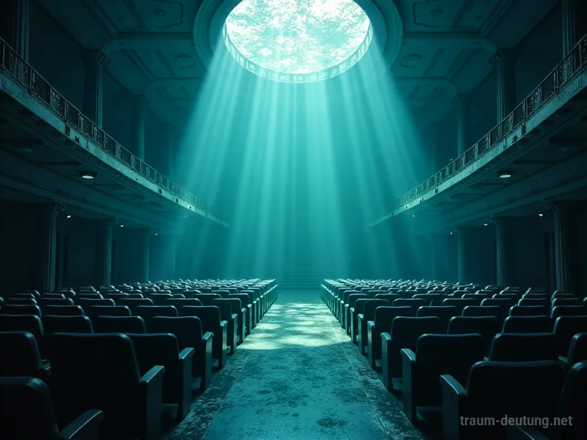 Eine Aula, komplett unter Wasser stehend, mit Lichtstrahlen, die von oben herabfallen.