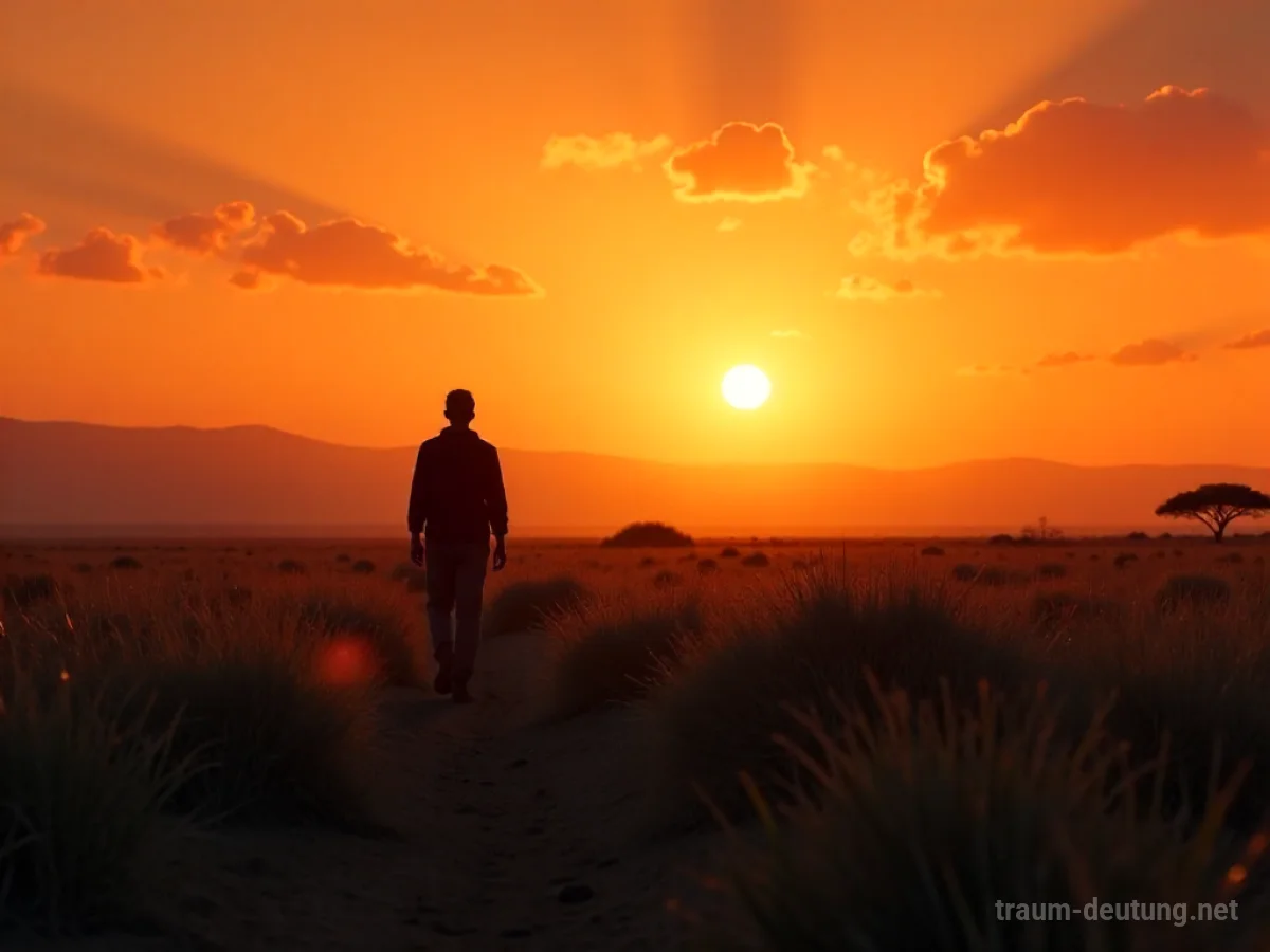 Eine einsame Silhouette flieht aus einer Savannenlandschaft in Richtung Horizont