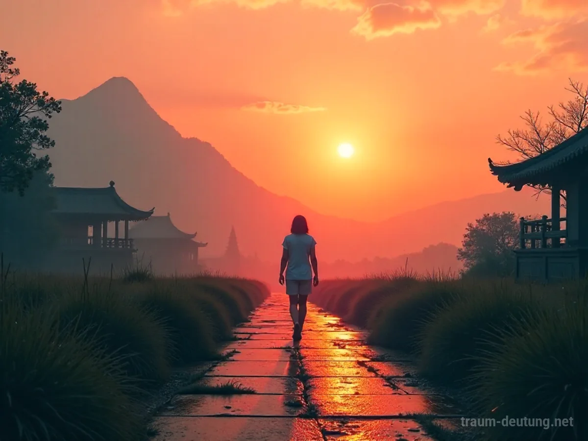 Eine Person kehrt einer asiatischen Landschaft den Rücken und geht auf ein Licht zu.
