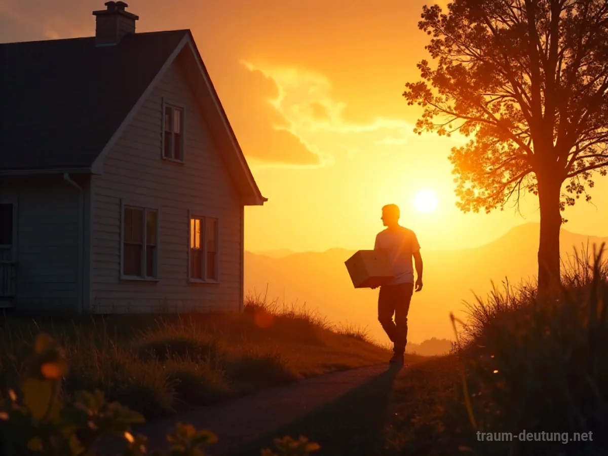 Silhouette einer Person mit Umzugskarton verlässt ein Haus in eine helle Landschaft.