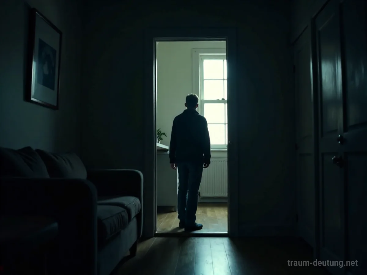 Silhouette eines unbekannten Ausländers im Türrahmen einer Wohnung.