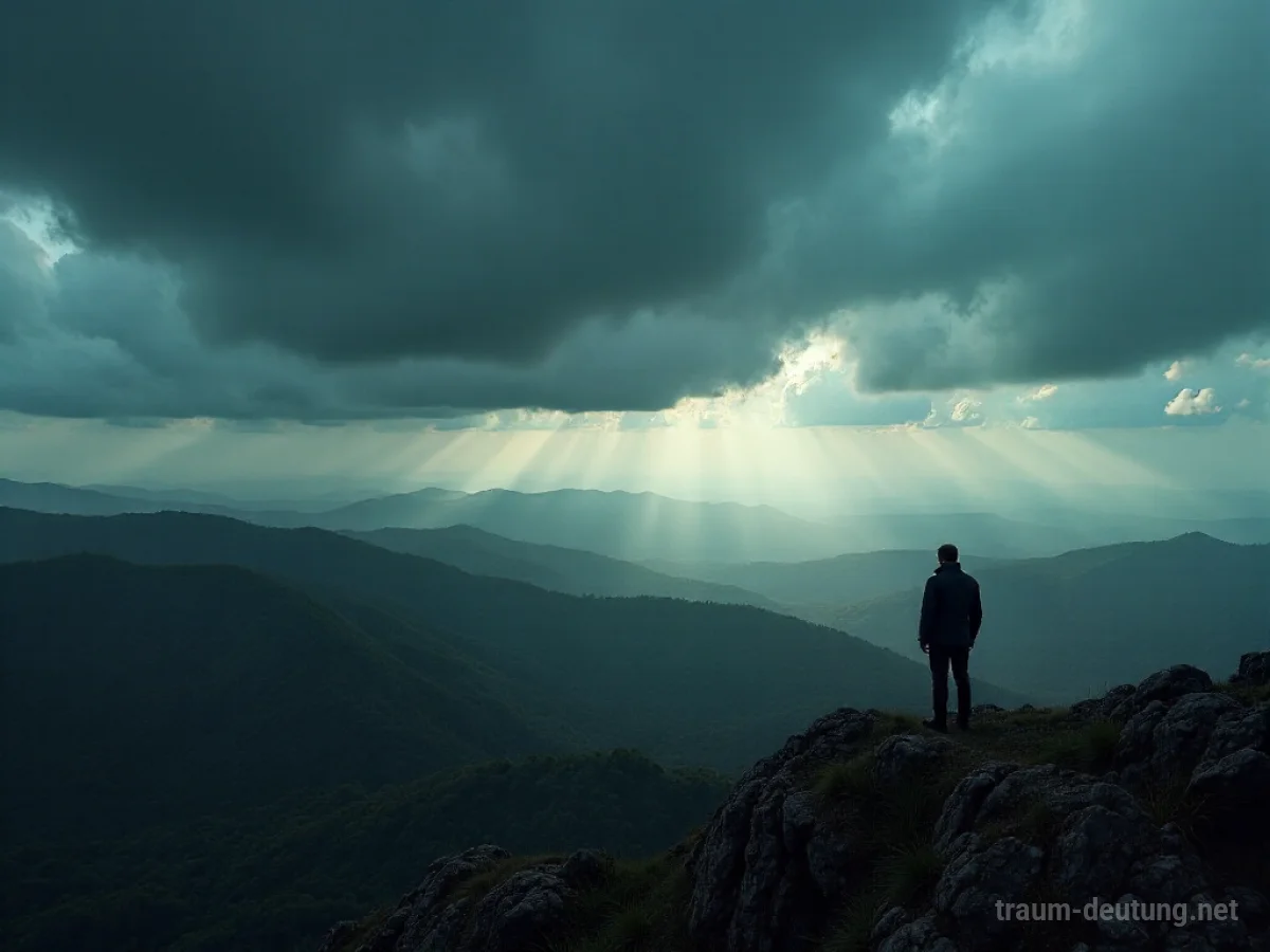 Blick von einer erhöhten Position auf eine bedrohliche Landschaft mit dunklen Wolken am Horizont.