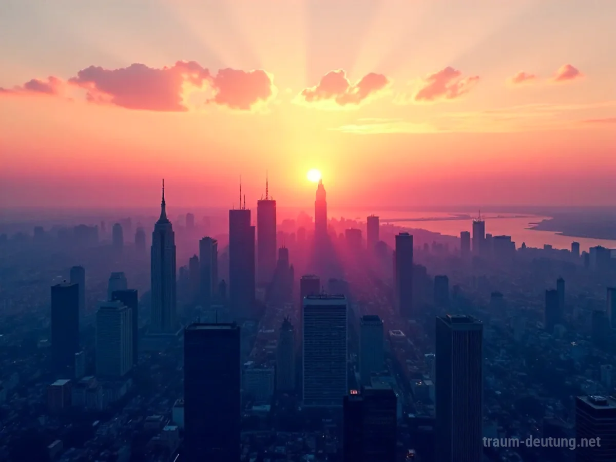 Panorama einer Stadt bei Sonnenaufgang aus der Vogelperspektive