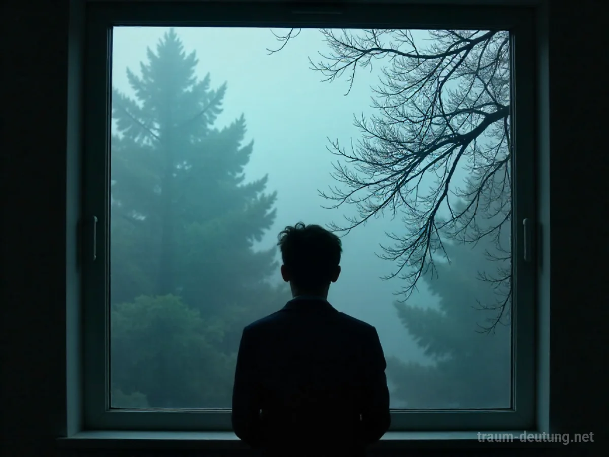 Eine Person blickt durch ein Fenster, die Sicht ist durch dichten Nebel blockiert.