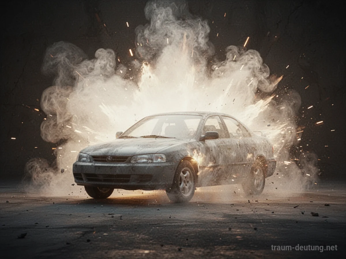 Ein Auto wird von einer hellen Explosion erfasst, keine Flammen sichtbar.