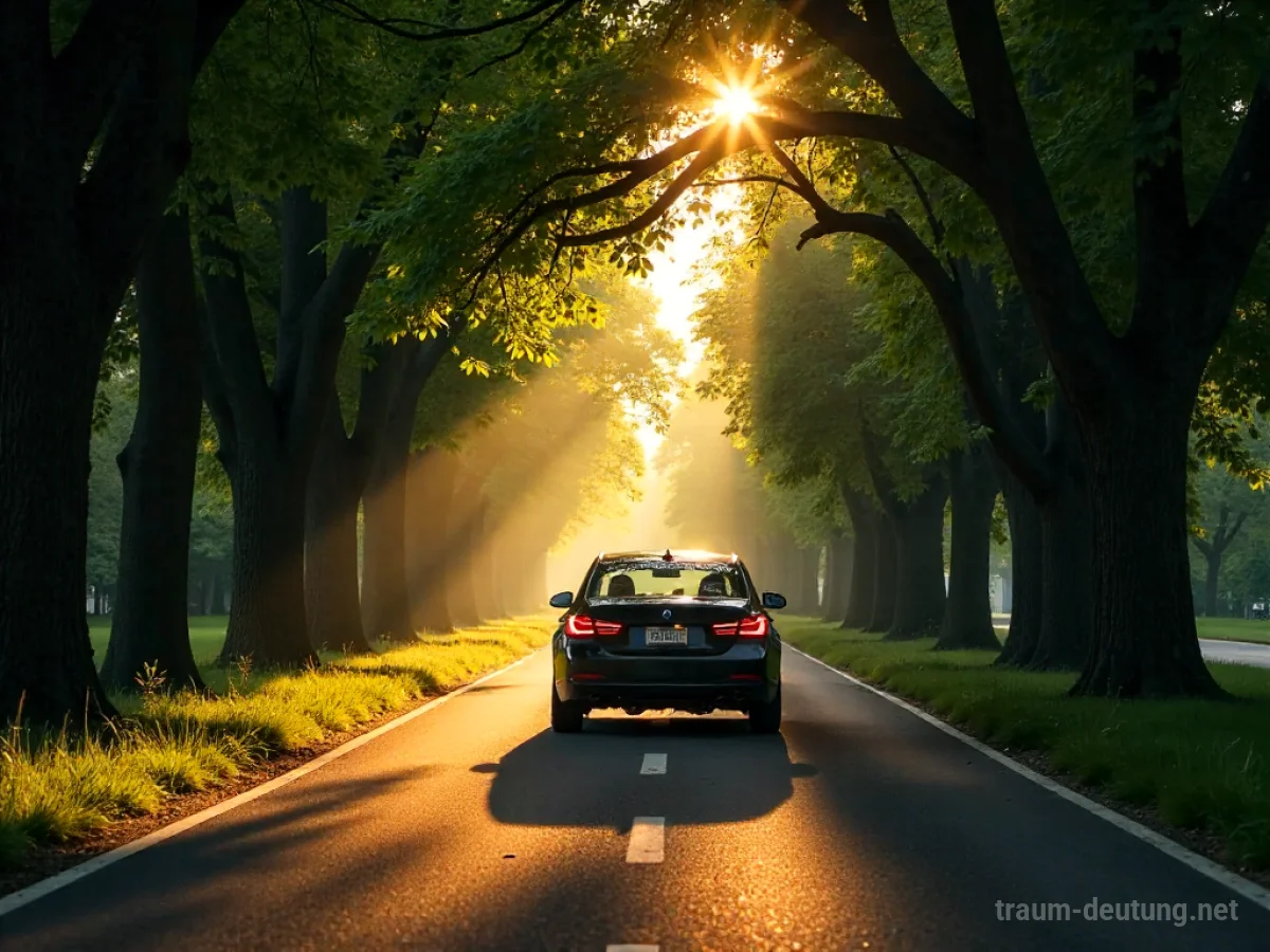 Ein Auto fährt auf einer von Bäumen gesäumten Allee.